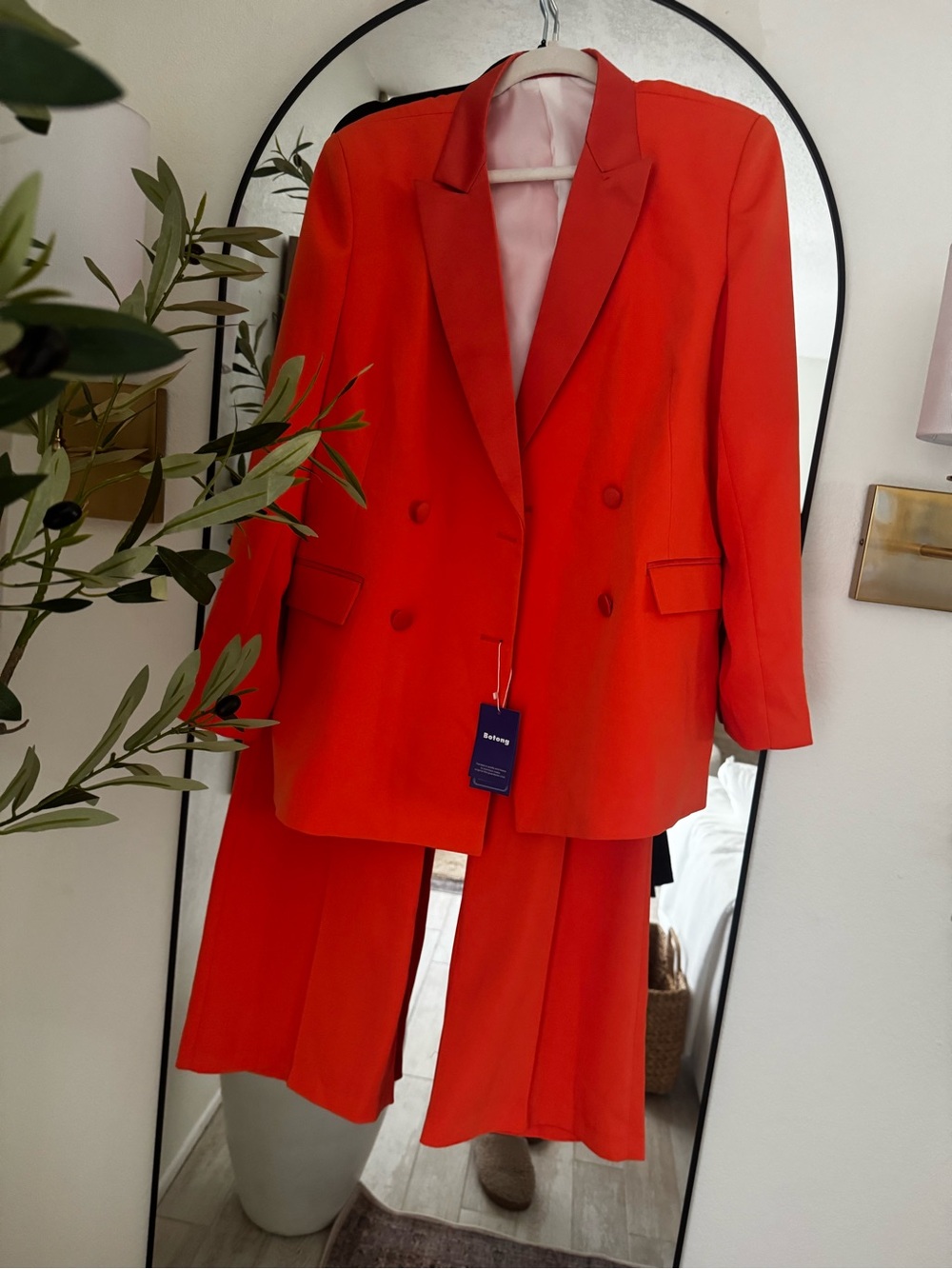 Bright Orange Women’s Double-Breasted Blazer and Wide-Leg Trousers Suit Set